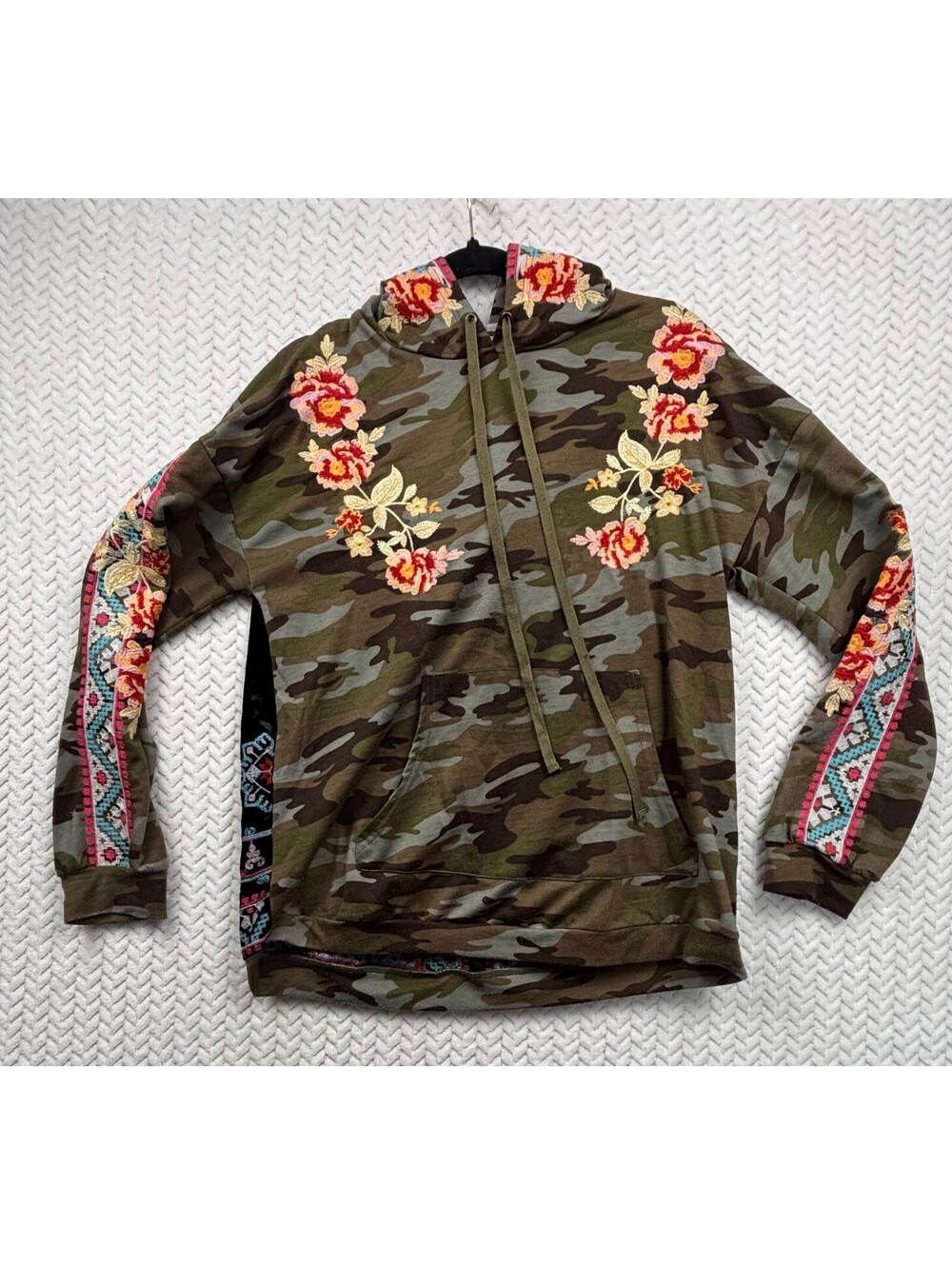 Andrée by UNIT Medium Camouflage Hoodie with Floral Embroidery and Velvet Panels